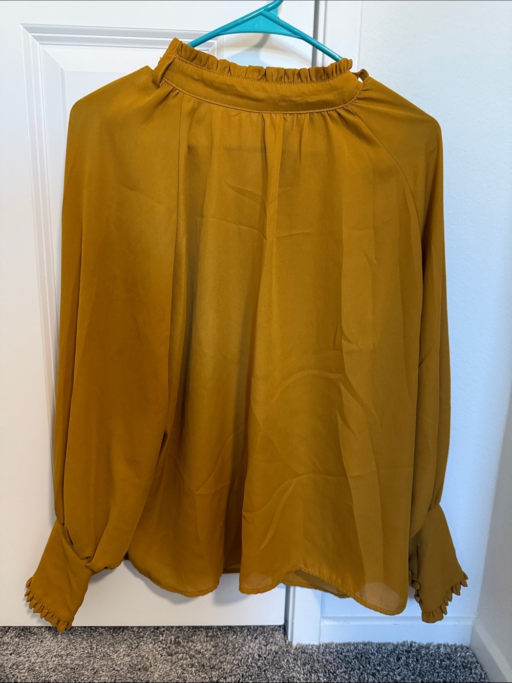 SHEIN Mustard Ruffle Mock Neck Long-Sleeve Blouse